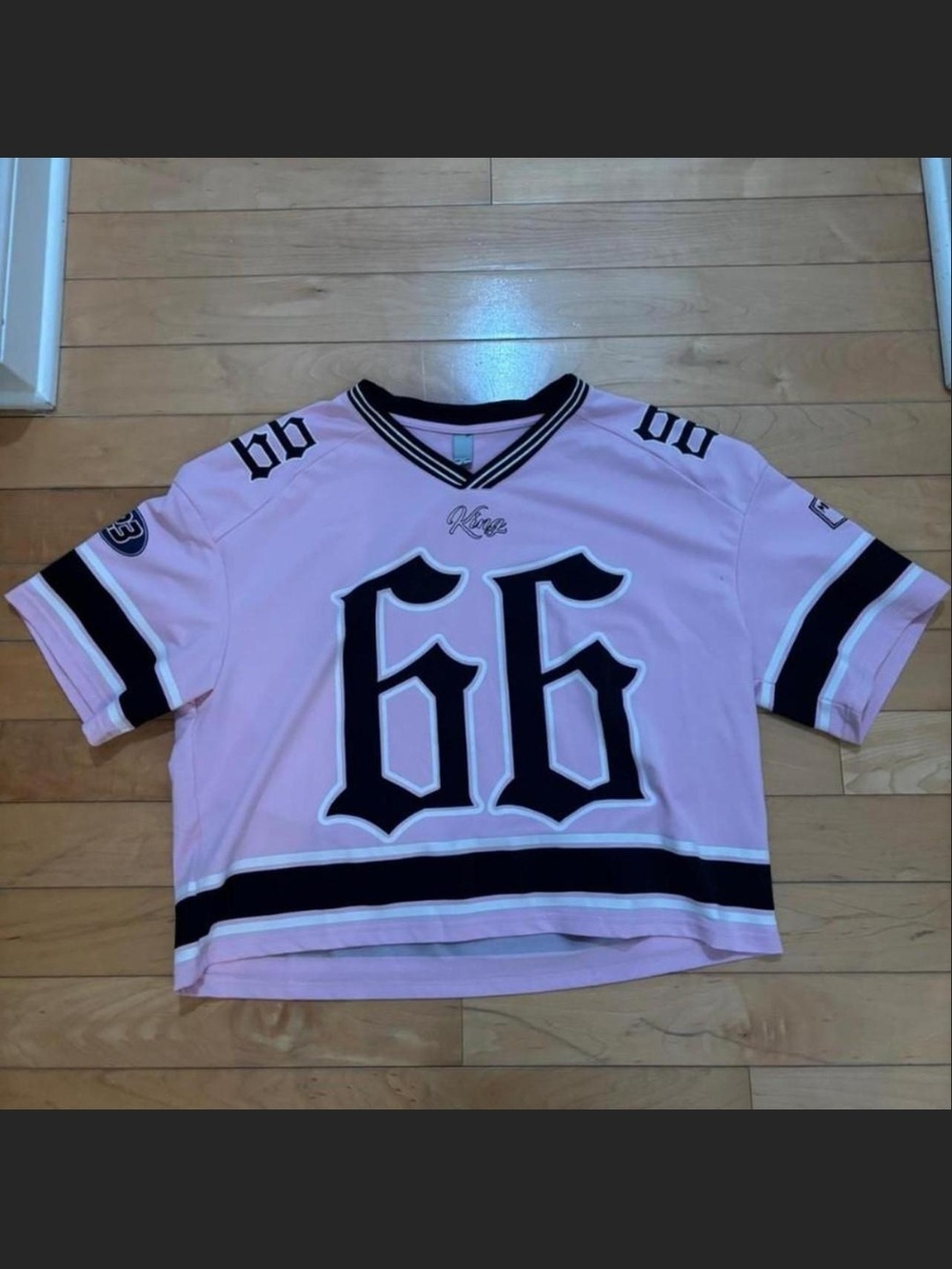 Cropped Kids Jersey Top in Light Pink with Black Trim